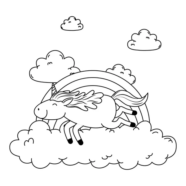 可爱的童话般的独角兽在云与彩虹 — 图库矢量图片
