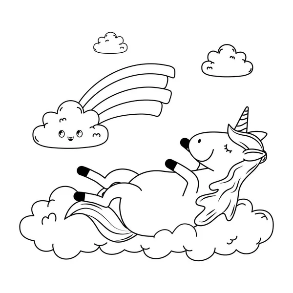 Schattig fairytale unicorn in wolken regenboog — Stockvector