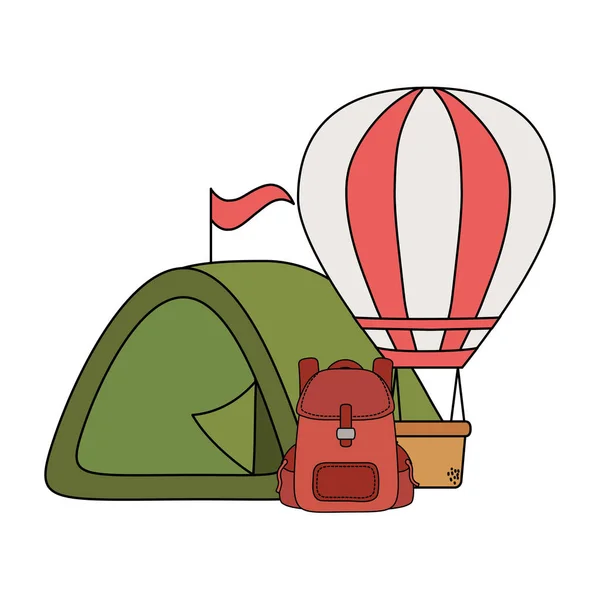 Balloon air hot flying with camping tent — Stock Vector