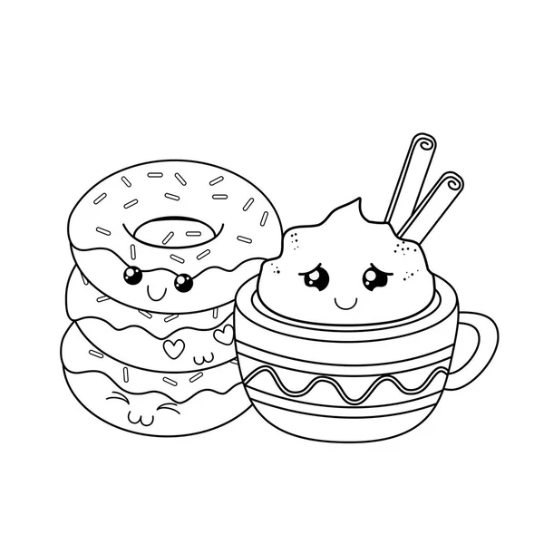 Delicioso dulce donuts con chocolate taza kawaii carácter — Vector de stock