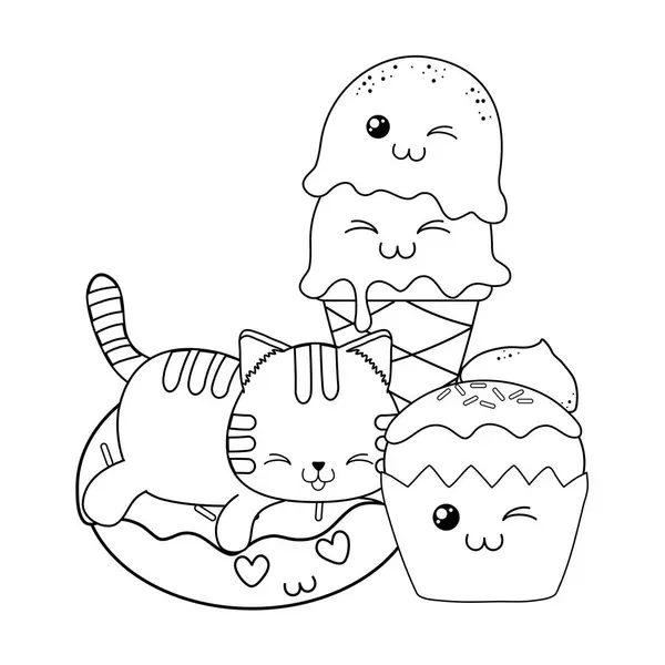 Lindo pequeño gato con cupcake kawaii carácter — Vector de stock