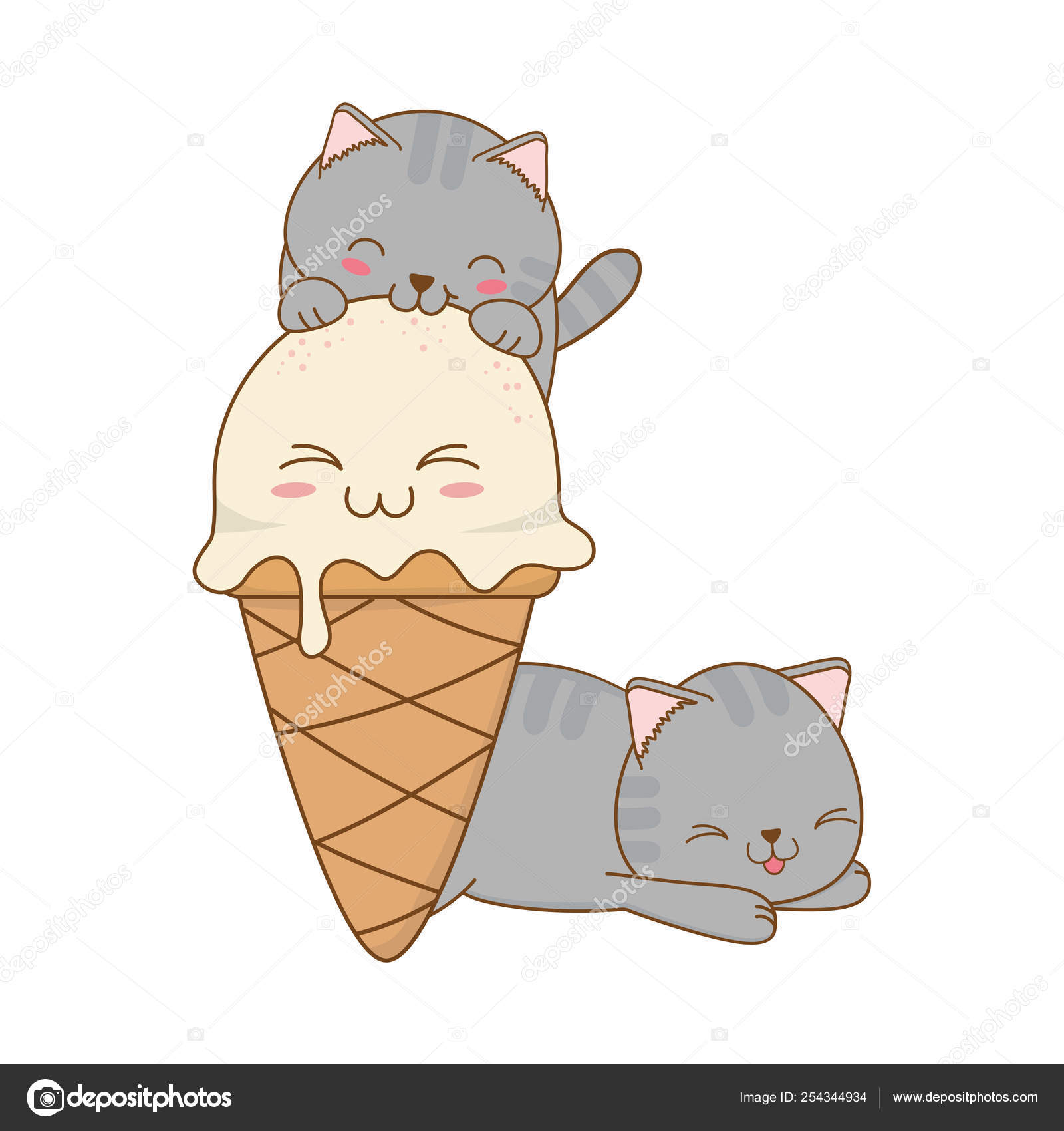 可爱的小猫与冰淇淋和纸杯蛋糕卡瓦伊图库矢量图©stockgiu 254344934, image size:1600x1700