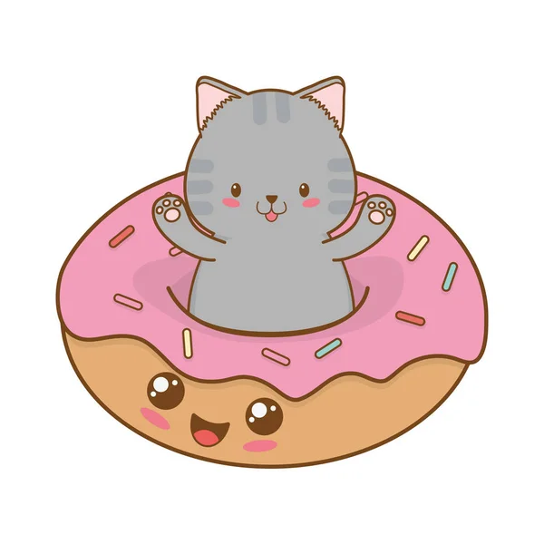 Bonito pequeno gato com donuts kawaii personagem — Vetor de Stock