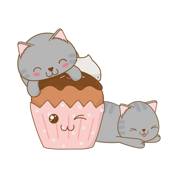 Roztomilé malé kočky s košíčky kawaii znaky — Stockový vektor