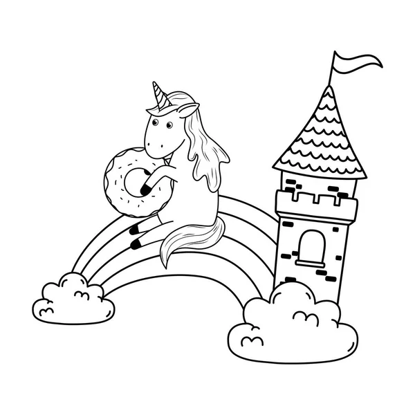 Unicornio con castillo y arco iris en las nubes — Vector de stock