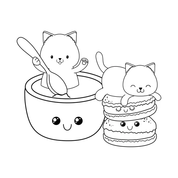 Schattige kleine katten met cookies kawaii tekens — Stockvector