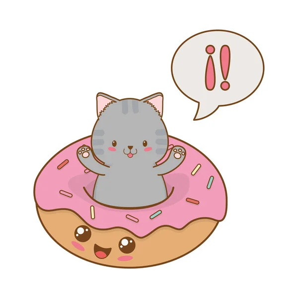 Niedliche kleine Katze mit Donuts kawaii Charakter — Stockvektor