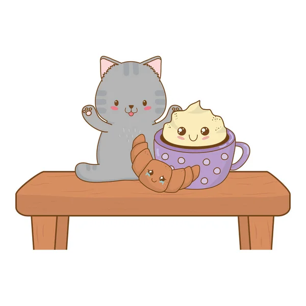 Lindo pequeño gato con croissant kawaii carácter — Archivo Imágenes Vectoriales