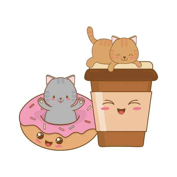 Carino piccoli gatti con caffè bere kawaii personaggi — Vettoriale Stock