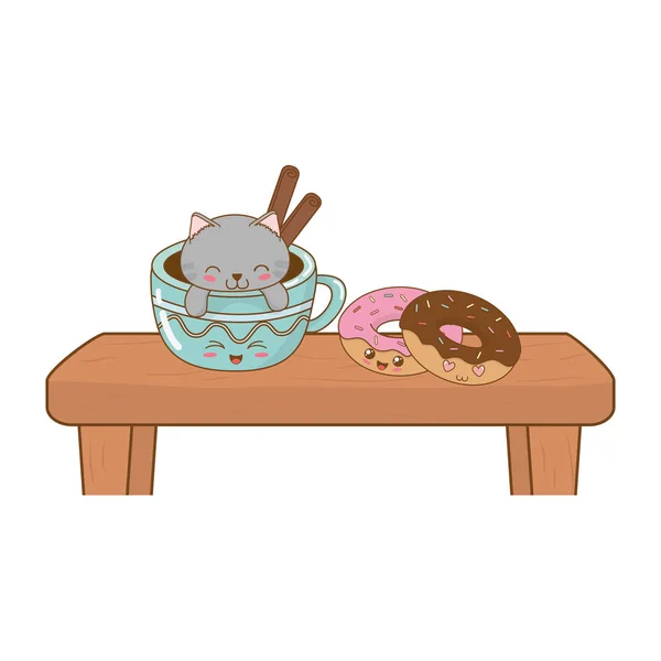 Lindo pequeño gato con donuts kawaii carácter — Archivo Imágenes Vectoriales