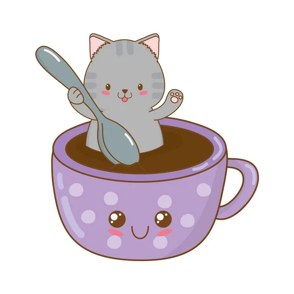 Cute little cat with chocolate mug kawaii character — Stock Vector