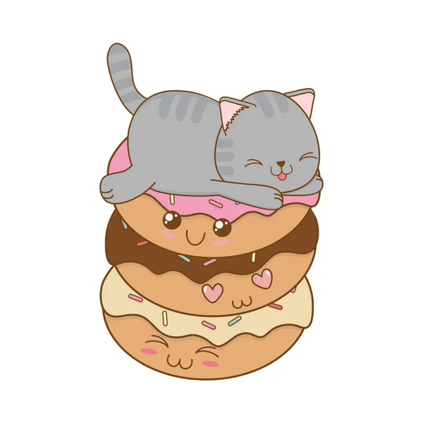 Lindo pequeño gato con donuts kawaii carácter — Archivo Imágenes Vectoriales