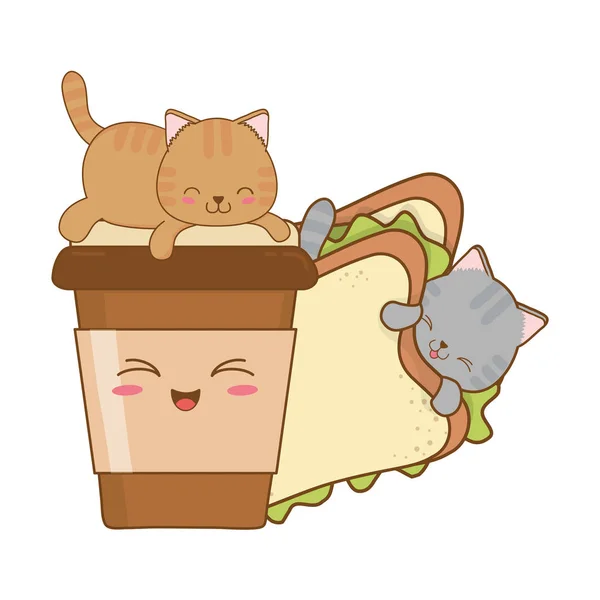 Niedliche kleine Katzen mit Sandwich-Kawaii-Figuren — Stockvektor