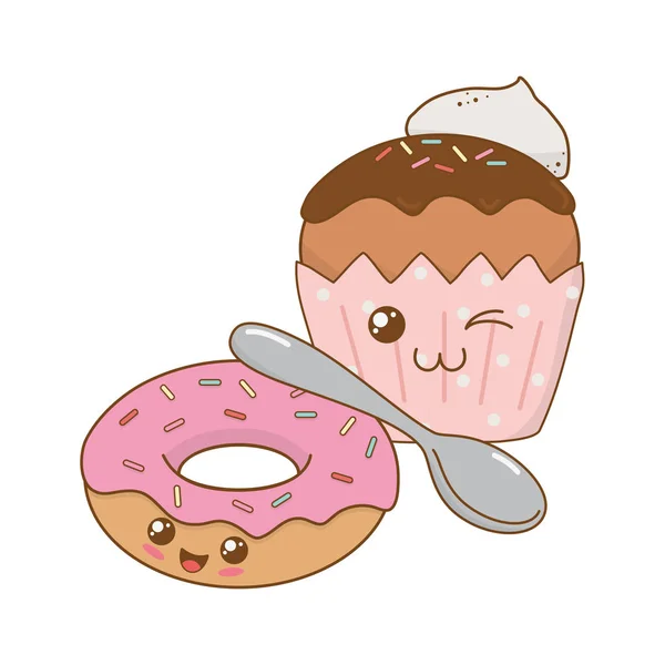 Deliciosas rosquillas dulces con personajes kawaii cupcake — Archivo Imágenes Vectoriales