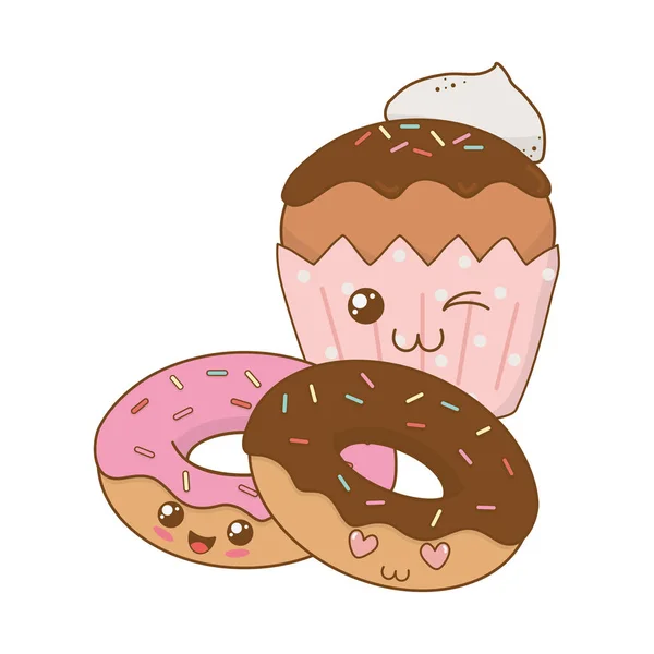 Deliciosos donuts doces com personagens cupcake kawaii — Vetor de Stock