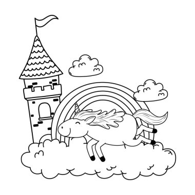 Unicorn Kalesi ve gökkuşağı bulutlar ile vektör çizim tasarım