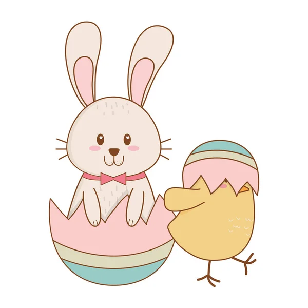 Little rabbit and chick with egg painted easter characters — Stock Vector