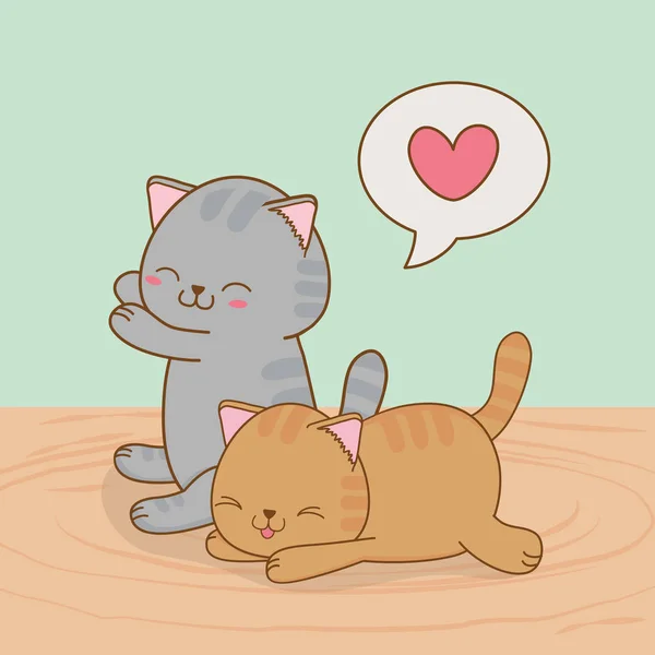 Cute Little Cats Heart Speech Bubble Kawaii Characters Vector Illustration — Stock Vector