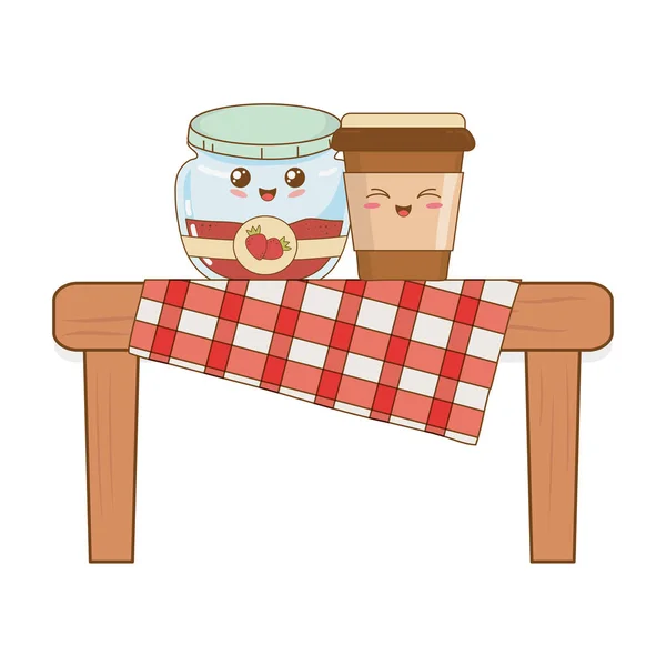 Conjunto de comida de panadería kawaii en mesa de picnic — Vector de stock