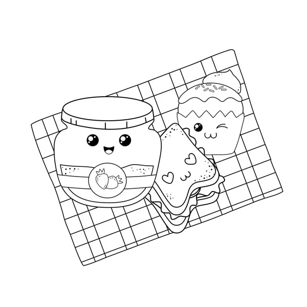 Conjunto de comida de panadería kawaii en mantel de picnic — Vector de stock