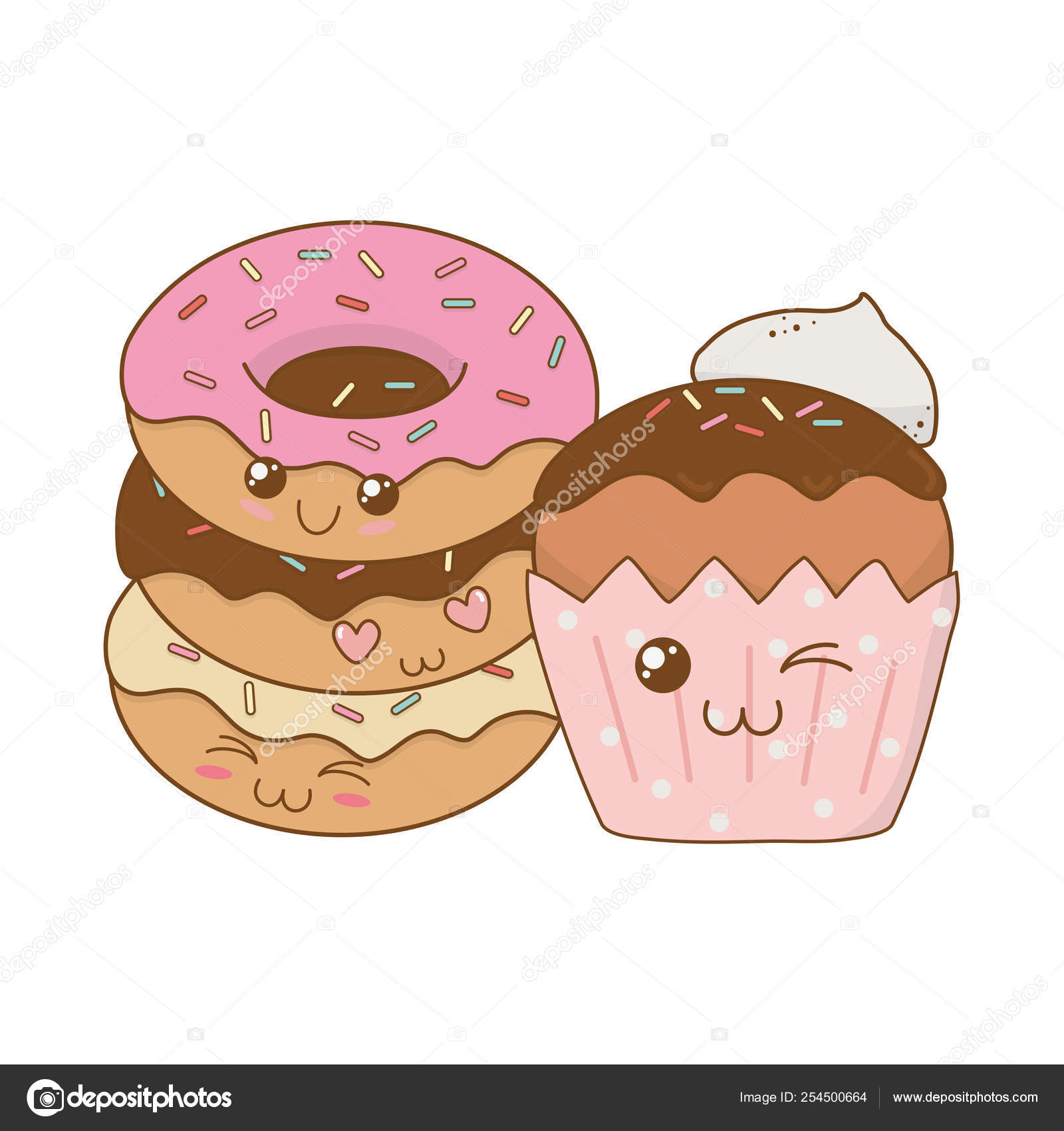 Deliciosas rosquillas dulces con personajes kawaii cupcake Vector de stock  #254500664 de ©stockgiu, image size:1600x1700