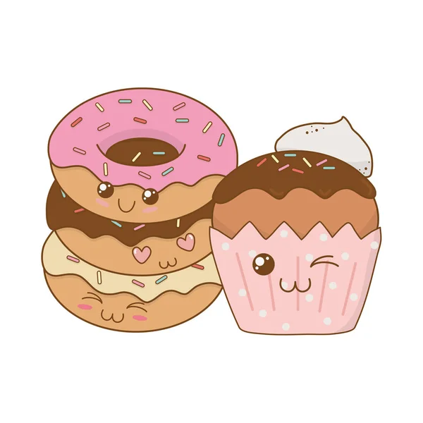 Pyszne słodkie pączki z cupcake kawaii znaków — Wektor stockowy