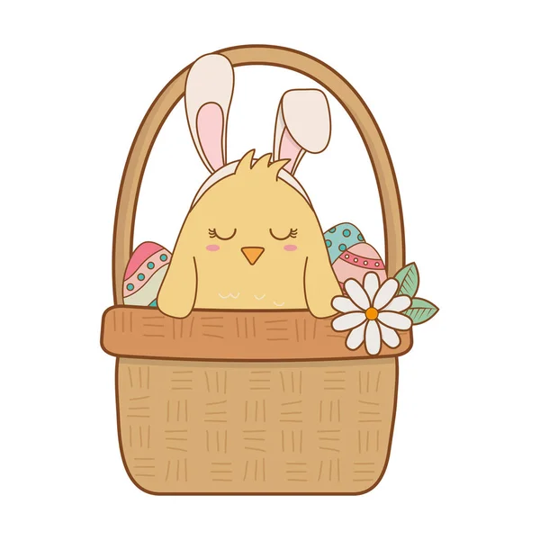 Little chick with ears rabbit in floral basket easter character — Stock Vector