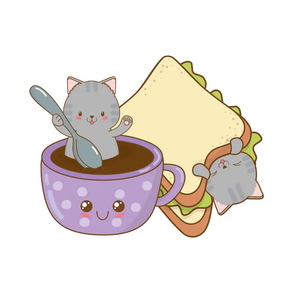 Niedliche kleine Katzen mit Sandwich-Kawaii-Figuren — Stockvektor