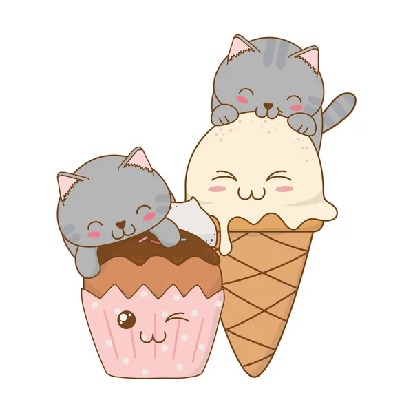 Lindo poco gatos con helado y cupcake kawaii — Archivo Imágenes Vectoriales