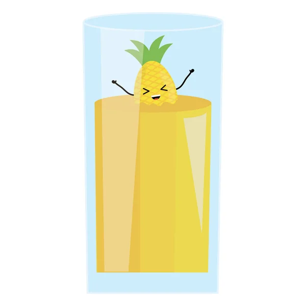 Glas sap ananas vers fruit kawaii caractère — Stockvector