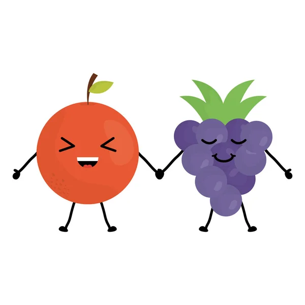 Deliciosos personajes de naranja y uvas kawaii — Vector de stock