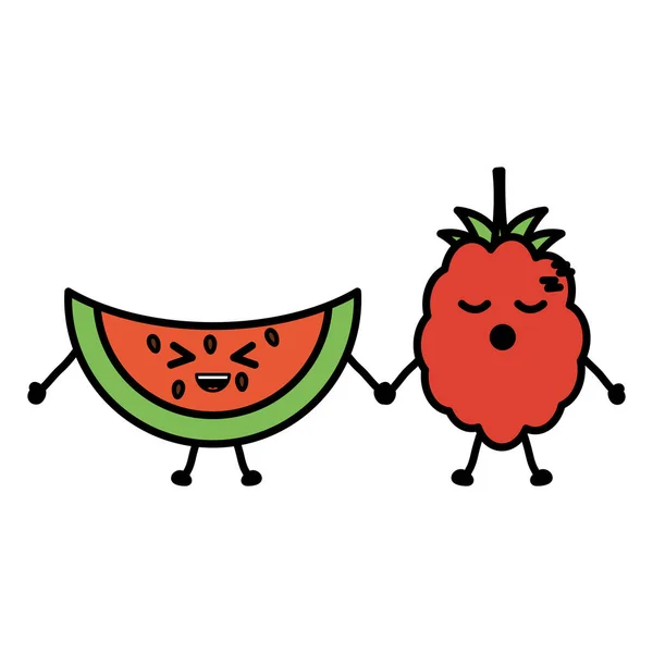 Heerlijke watermeloen en blackberry kawaii tekens — Stockvector