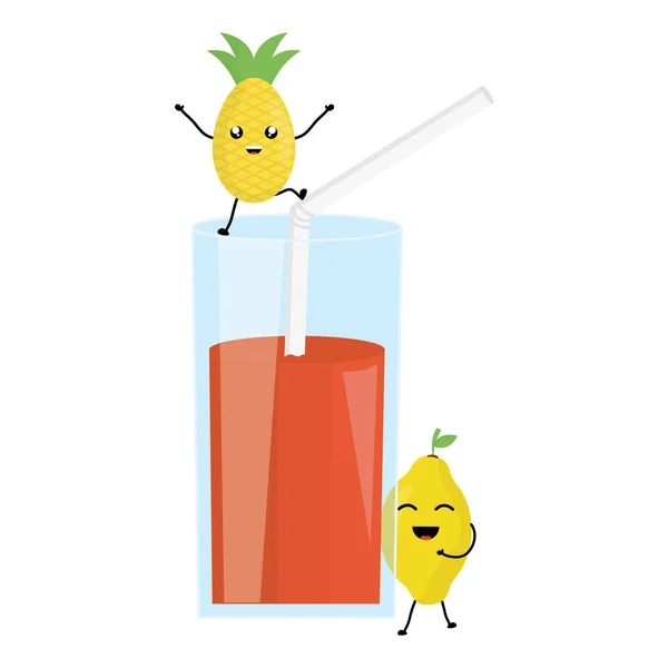 Ποτήρι με χυμό ανανά φρέσκο φρούτο kawaii χαρακτήρα — Διανυσματικό Αρχείο
