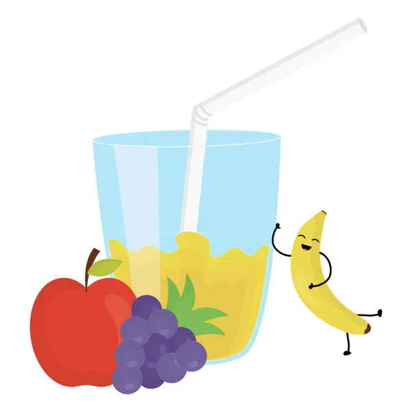 Ποτήρι με χυμό μπανάνα φρέσκα φρούτα kawaii χαρακτήρα — Διανυσματικό Αρχείο