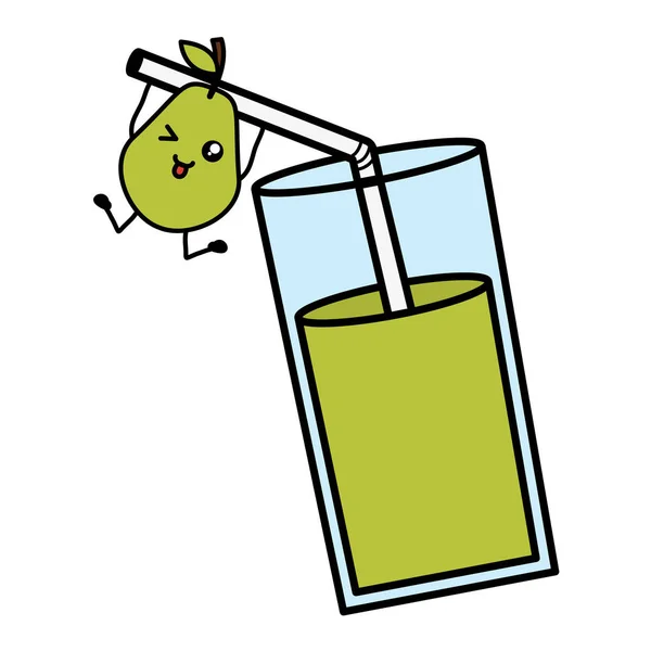 Ποτήρι με χυμό αχλάδι φρέσκα φρούτα kawaii χαρακτήρα — Διανυσματικό Αρχείο