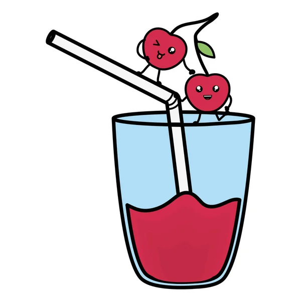Ποτήρι με χυμό cheeries φρέσκα φρούτα kawaii χαρακτήρα — Διανυσματικό Αρχείο