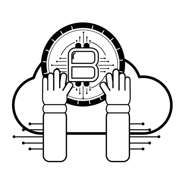 Bitcoins mano sosteniendo blanco y negro — Vector de stock