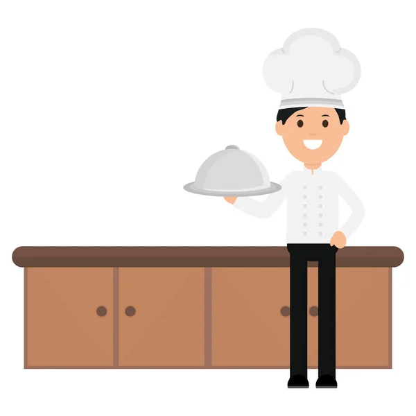 Jeune chef avec serveur plateau — Image vectorielle