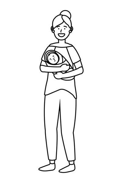 Жінка, що носить дитину чорно-біла — стоковий вектор