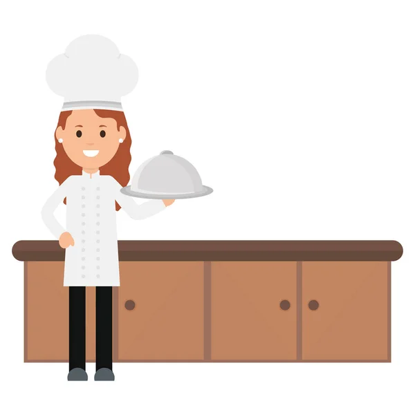 Jeune chef femelle avec plateau serveur — Image vectorielle