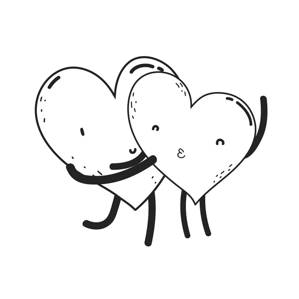 Coeurs amour couple kawaii personnages — Image vectorielle