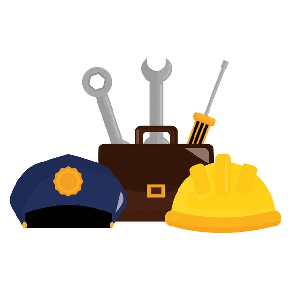 Casco del constructor con sombrero de policía y herramientas — Vector de stock