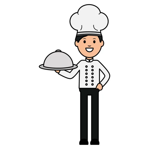Giovane chef con server vassoio — Vettoriale Stock