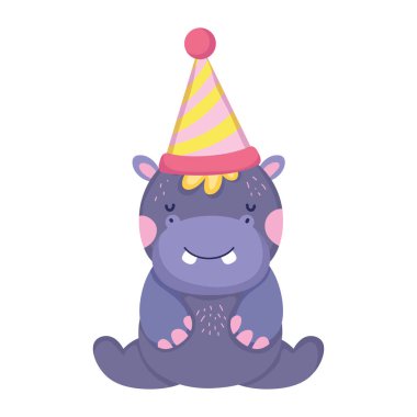 parti şapka ile sevimli ve küçük Hippo karakter