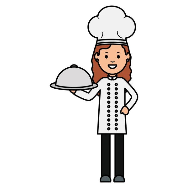 Joven chef con servidor de bandejas — Vector de stock