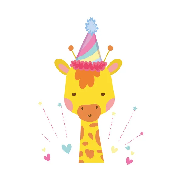 Aranyos és kis zsiráf a párt kalap karakter — Stock Vector