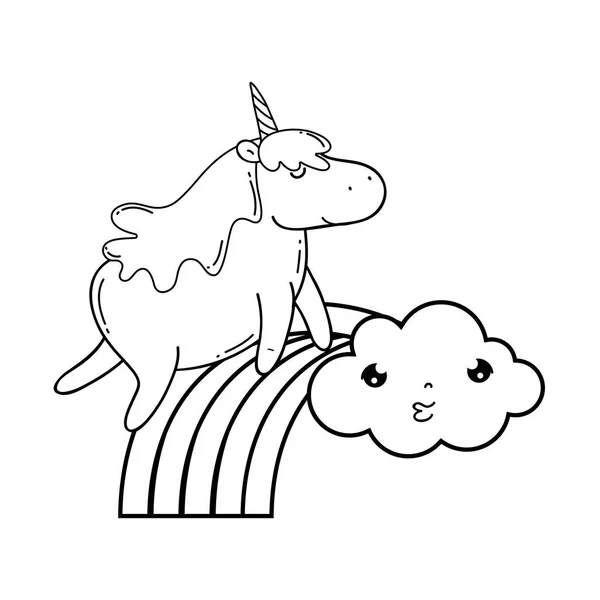 Schattige Eenhoorn met wolken en Rainbow kawaii — Stockvector