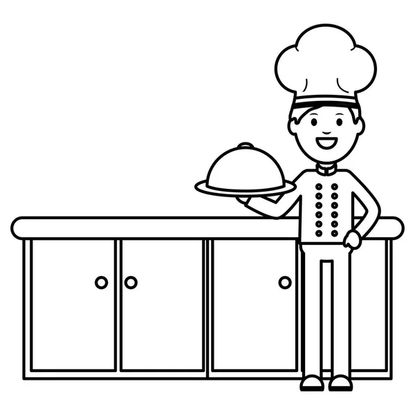 Jeune chef avec serveur plateau — Image vectorielle