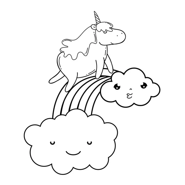 Schattige Eenhoorn met wolken en Rainbow kawaii — Stockvector