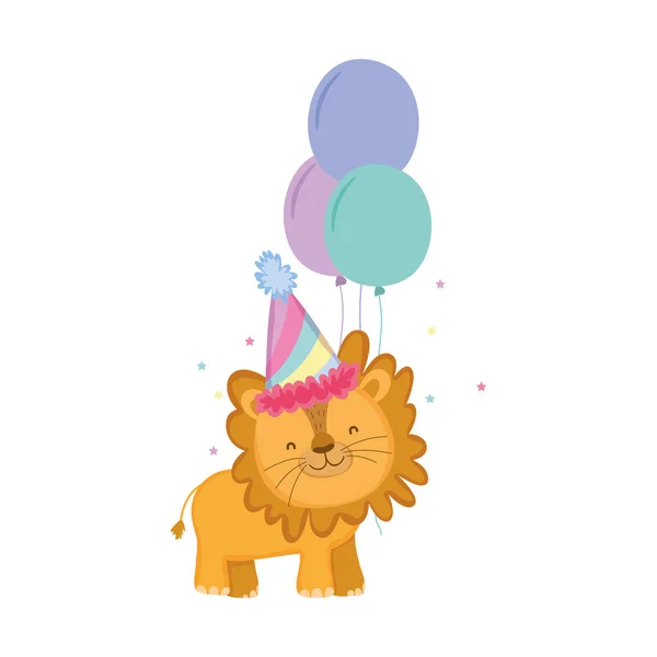 Lindo y pequeño león con sombrero de fiesta y globos de aire — Vector de stock